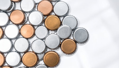 Bottle caps on a white background, top view, copy spaceの素材