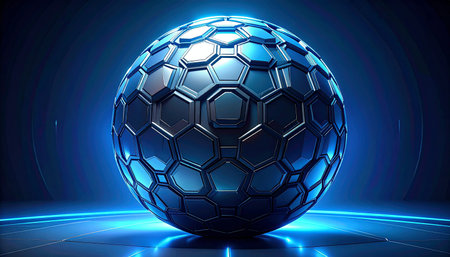 3d rendering of abstract sphere with blue light on dark background.の素材
