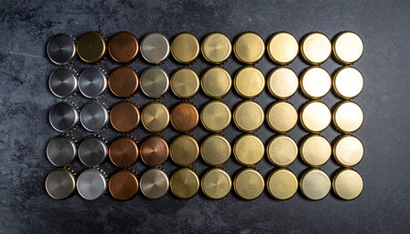 Gold, silver and bronze medals on dark stone background. Top viewの素材