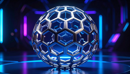 3d rendering of abstract sphere with blue neon lights in dark spaceの素材