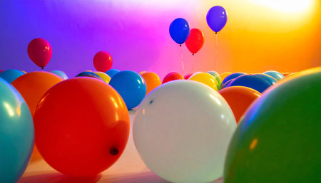 colorful balloons on a light background, closeup of photo.の素材