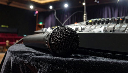 Microphone on the stage in a concert hall or conference room.の素材