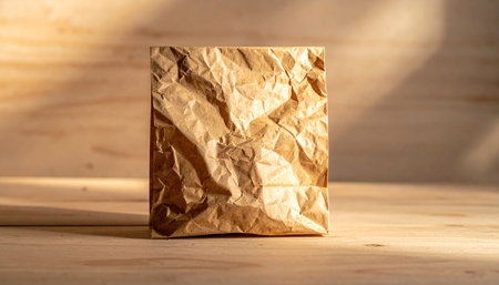 Crumpled brown paper bag on wooden background. Copy space.の素材