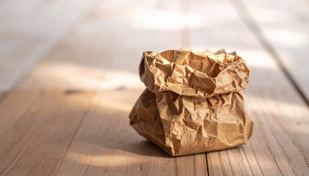Crumpled brown paper bag on wood background with sunlight and shadowの素材
