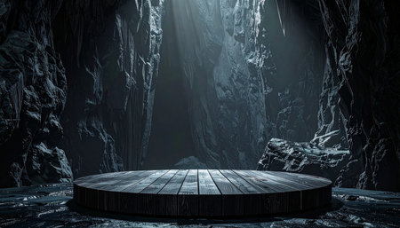Wooden platform in the dark cave. 3d rendering image.の素材