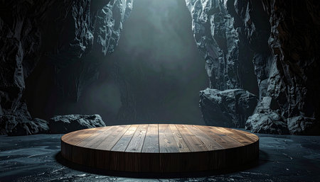 Wooden platform in the dark cave. 3D rendering background.の素材