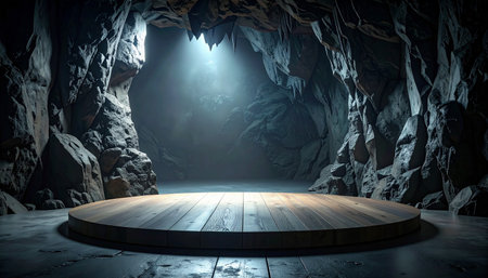 Empty wooden stage in dark cave interior. 3D Rendering.の素材