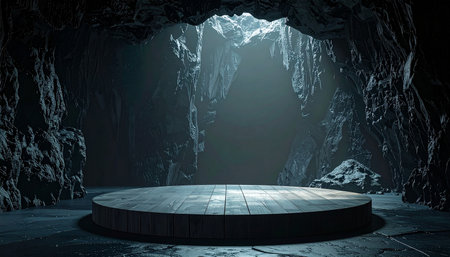 Empty wooden stage in dark cave. 3D rendering. Computer digital drawing.の素材