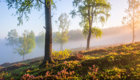 Sunrise in the morning misty forest. Beautiful natural landscape.の素材