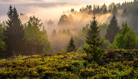 Misty morning in the Carpathian mountains. Ukraine, Europeの素材