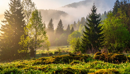 Misty morning in the Carpathian mountains. Ukraine, Europeの素材