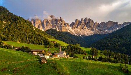 Panoramic view of Dolomites mountains at sunset, Italyの素材