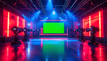 TV studio with green screen and lighting equipment. Filmmaking.の素材