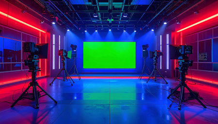 3d render of a green screen on a studio stage with lighting equipmentの素材