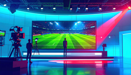 3D rendering of a football match on tv screen in a studioの素材