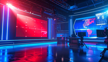 TV studio with red and blue spotlights. 3D rendering.の素材