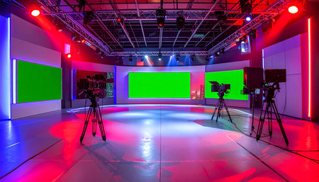 TV studio with green screen and chroma key led lighting equipment.の素材
