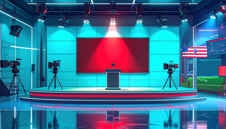 3d rendering of a studio for live performances. News studio with floodlights.の素材