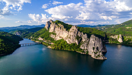 Aerial view of Danube river and Danube Gorge in Romaniaの素材