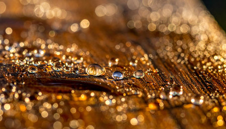 Water drops on wooden surface with bokeh. Abstract background.の素材