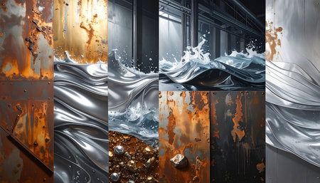 3d rendering of a set of abstract metallic backgrounds with different colorsの素材