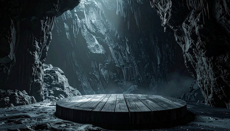 Mysterious dark cave interior with wooden floor. 3D renderingの素材