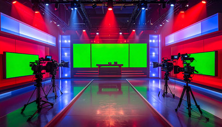 TV studio with professional lighting equipment and green screen on the wall.の素材