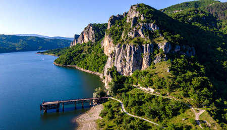 Aerial view of Danube river and bridge in Serbia, Europeの素材