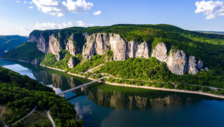 Aerial view of the Danube Gorge, Romania. Summer landscape.の素材