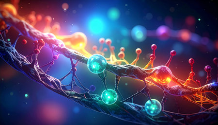 3d rendering of DNA molecule with colorful particles in space. Science backgroundの素材