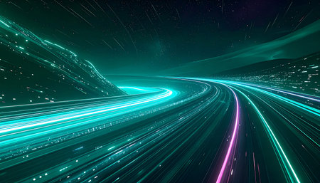 3D illustration of fast moving cars with glowing lights on the roadの素材