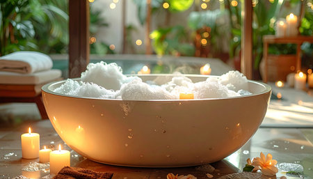 Bowl of bath salt with candles on table in spa salon, closeupの素材