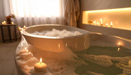 Beautiful spa composition with candles and bathtub in room, closeupの素材