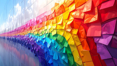 3d illustration of abstract geometric composition with glass wall and rainbow colorsの素材