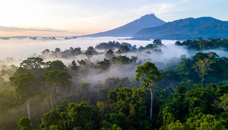 Panoramic aerial view of Agung volcano in the morning, Bali, Indonesiaの素材
