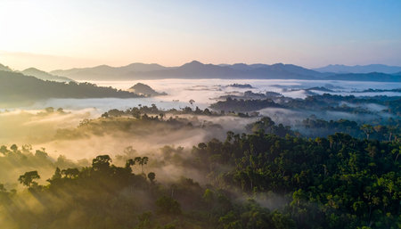 Panorama aerial view of misty mountain at sunrise, Phu Langka National Park, Thailandの素材