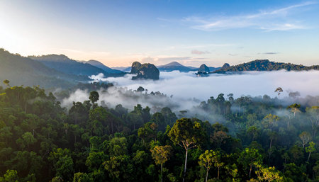Aerial view of tropical rainforest with fog at sunrise in Krabi, Thailandの素材