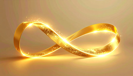 Glowing golden infinity symbol on a golden background. Vector illustration.の素材