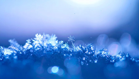 Macro shot of snowflakes on blue bokeh backgroundの素材