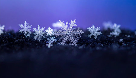 Snowflakes on a black background. Shallow depth of field.の素材