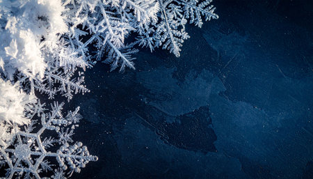Winter background with snowflakes on dark blue background. Top viewの素材