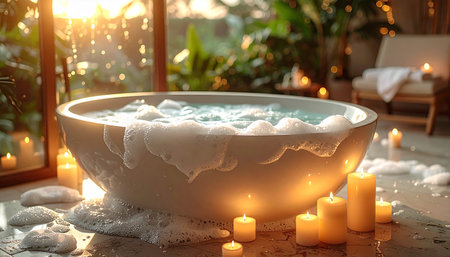 Spa bathtub with foam and candles on blurred background, closeupの素材