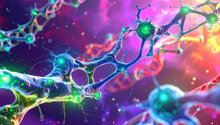 Digital illustration of a neuron cell in colour background. 3D renderingの素材
