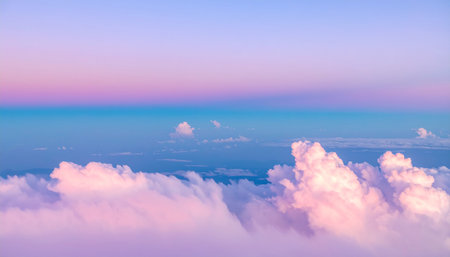 Sunset sky and clouds background. Beautiful nature view from airplane window.の素材