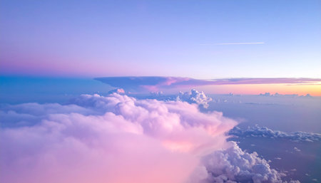 Aerial view of beautiful sunset above the clouds. Panorama.の素材