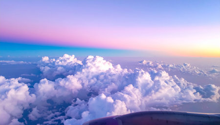 Beautiful cloudscape at sunset from the window of an airplane.の素材