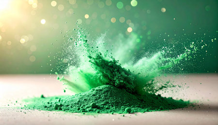 Explosion of green powder. 3d rendering. Abstract background.の素材