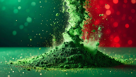 3d rendering of green powder explosion on black background with red and green lightsの素材