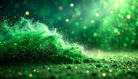 Green powder explosion on black background. Colorful dust explode. Abstract background.の素材