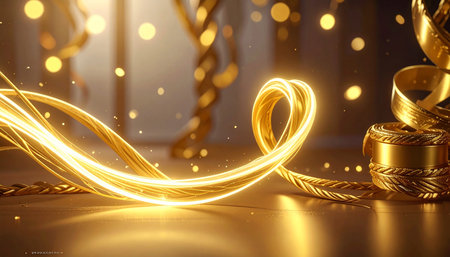 golden christmas garland with ribbons on bokeh backgroundの素材